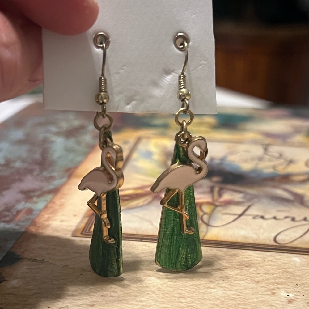 Flamingo Drop Earrings with Green Accents